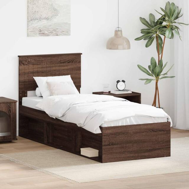 Berkfield Home Bed Frame with Headboard Brown Oak 75 x 190 cm Solid Pine Wood - image 1