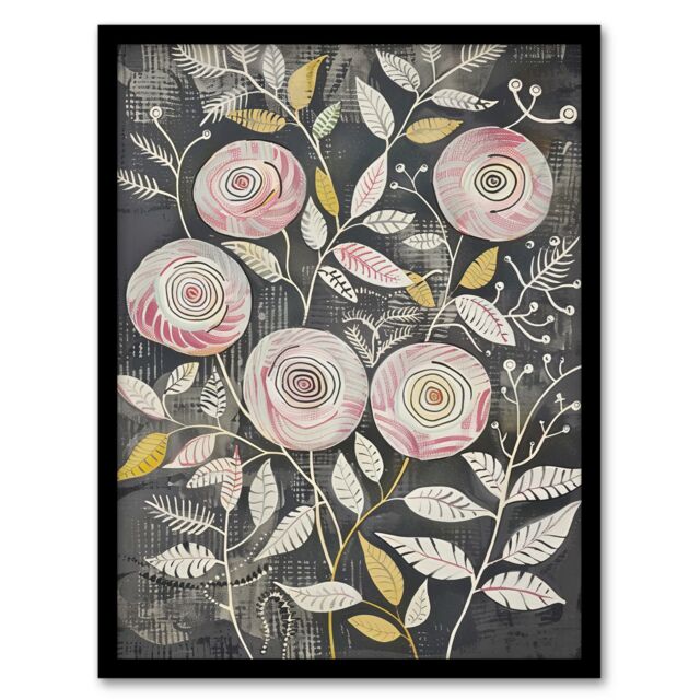 "Artery8 Rose Flowers Pink Grey Folk Art Patterns Framed Art Print - Size: W12"" x H16""" - image 1
