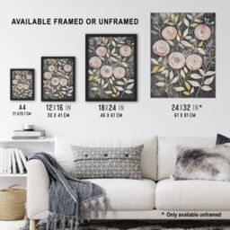 "Artery8 Rose Flowers Pink Grey Folk Art Patterns Framed Art Print - Size: W12"" x H16""" - thumbnail 3