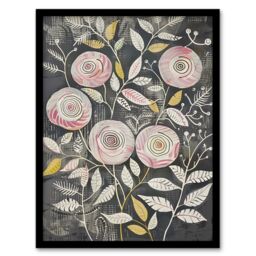 "Artery8 Rose Flowers Pink Grey Folk Art Patterns Framed Art Print - Size: W12"" x H16""" - thumbnail 1
