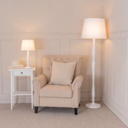 ValueLights Victoria White Wood Stem Table Lamp with Fabric Tapered Shade & LED Bulb - thumbnail 5
