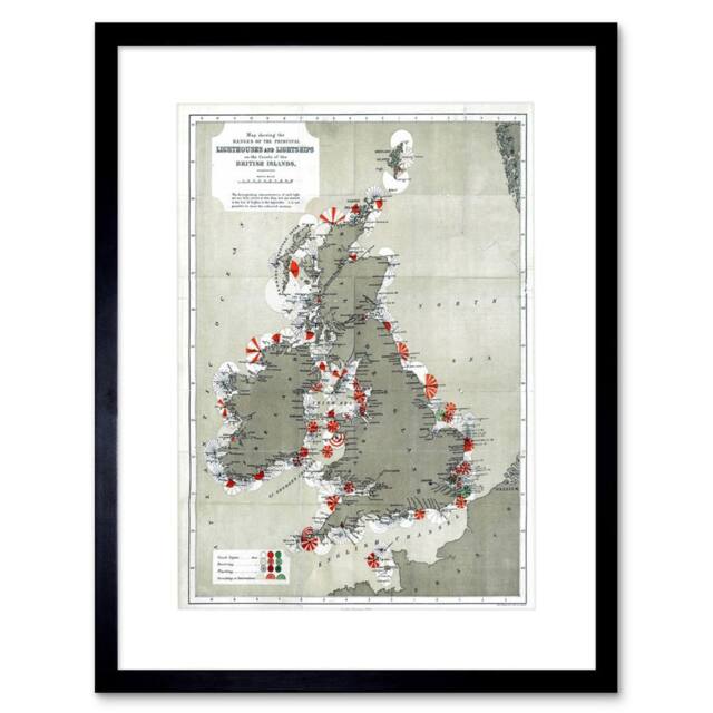 "Artery8 Map Antique 1884 Price Lighthouses Lightships British Isle Framed Art in Grey - Size: W12"" x H16""" - image 1