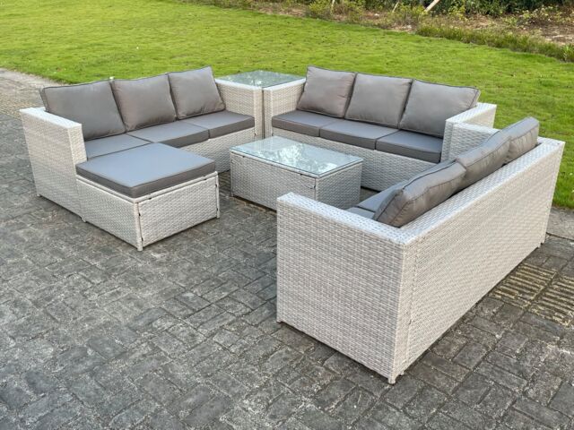 Fimous 10 Seat Light Grey Lounge Outdoor PE Rattan Garden Furniture Set Wicker Sofa Set Oblong Coffee Table - image 1