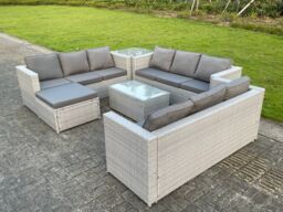 Fimous 10 Seat Light Grey Lounge Outdoor PE Rattan Garden Furniture Set Wicker Sofa Set Oblong Coffee Table - thumbnail 4