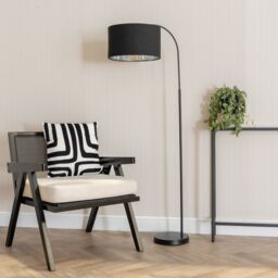 ValueLights Curva Black Arched Floor Lamp with Black Velvet & Chrome Inner Lamp Shade & Bulb - thumbnail 3