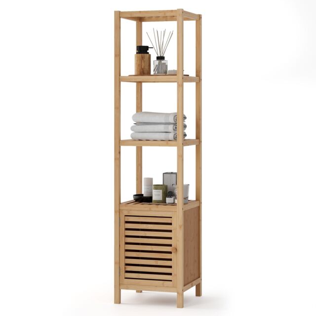 Gymax 140cm Bathroom Floor Cabinet Slim Tower Rack With Shuttered Door-Natural in Khaki - image 1