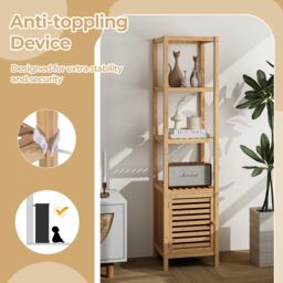 Gymax 140cm Bathroom Floor Cabinet Slim Tower Rack With Shuttered Door-Natural in Khaki - thumbnail 2