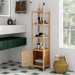 Gymax 140cm Bathroom Floor Cabinet Slim Tower Rack With Shuttered Door-Natural in Khaki - thumbnail 3