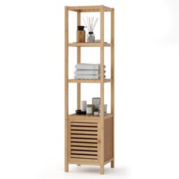 Gymax 140cm Bathroom Floor Cabinet Slim Tower Rack With Shuttered Door-Natural in Khaki