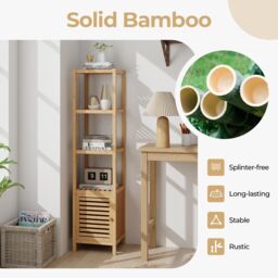 Gymax 140cm Bathroom Floor Cabinet Slim Tower Rack With Shuttered Door-Natural in Khaki - thumbnail 4