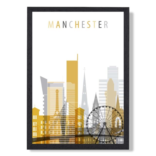 ARTZE Manchester Yellow & Grey City Skyline Framed Print SIZE: A2 with Black Frame - Size: A4 - image 1