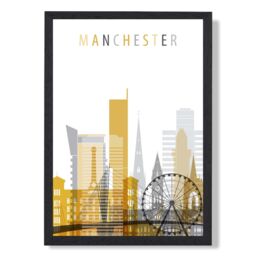 ARTZE Manchester Yellow & Grey City Skyline Framed Print SIZE: A2 with Black Frame - Size: A4 - thumbnail 1