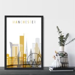 ARTZE Manchester Yellow & Grey City Skyline Framed Print SIZE: A2 with Black Frame - Size: A4 - thumbnail 2