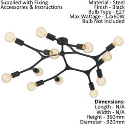 Loops Flush 12 Bulb Ceiling Light Colour Black Arms & Lamp Holders Bulb E27 12x60W - thumbnail 2