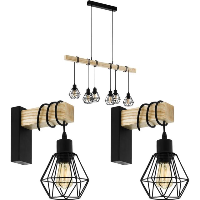 Loops Multi Bulb Ceiling Pendant Light & 2x Matching Wall Lights Black Cage & Wood - image 1