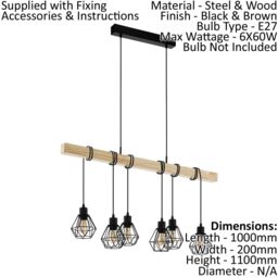 Loops Multi Bulb Ceiling Pendant Light & 2x Matching Wall Lights Black Cage & Wood - thumbnail 2