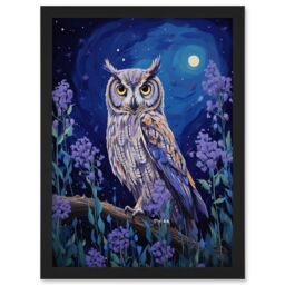 Artery8 Wall Art Print Great Horned Owl in Lavender Field Oil Painting Blue Purple Full Moon Night in the Countryside Artwork Framed A4 in Black - thumbnail 1