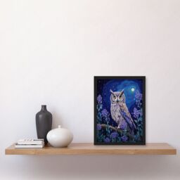 Artery8 Wall Art Print Great Horned Owl in Lavender Field Oil Painting Blue Purple Full Moon Night in the Countryside Artwork Framed A4 in Black - thumbnail 2