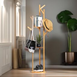 Rafaelo Mobilia Bamboo Coat Stand With 9 Hooks & 2 Shelves in Light Brown - thumbnail 5