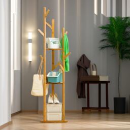 Rafaelo Mobilia Bamboo Coat Stand With 9 Hooks & 2 Shelves in Light Brown