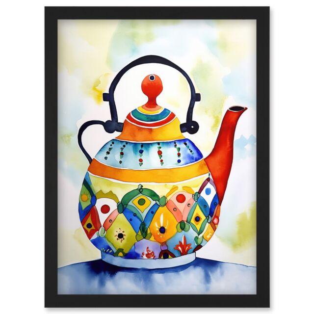 Artery8 Enamelled Patterned Teapot Tea Kettle Folk Art Watercolour Painting Artwork Framed Wall Art Print A4 in Black - image 1