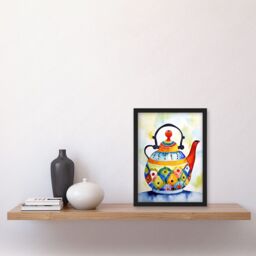 Artery8 Enamelled Patterned Teapot Tea Kettle Folk Art Watercolour Painting Artwork Framed Wall Art Print A4 in Black - thumbnail 2