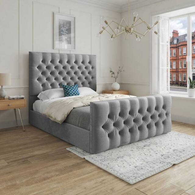 Casani Poulton Upholstered Grey Soft Velvet Designer Bed Frame - Size: Small Single - image 1
