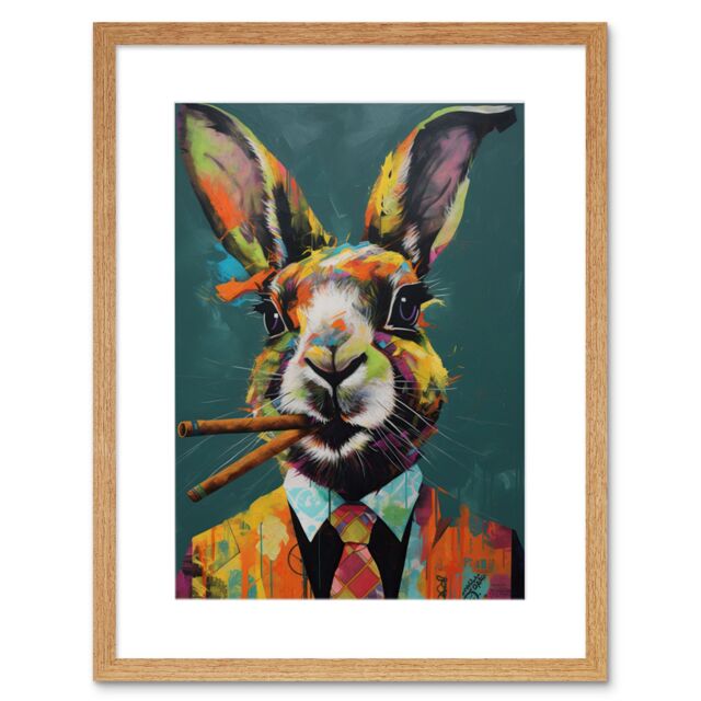 "Artery8 Wall Art Print Rabbit with Cheroot Cigars Wearing Suit Modern Artwork Framed 9X7 Inch in Beige - Size: W7"" x H9""" - image 1