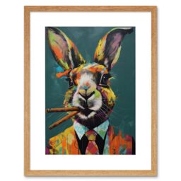 "Artery8 Wall Art Print Rabbit with Cheroot Cigars Wearing Suit Modern Artwork Framed 9X7 Inch in Beige - Size: W7"" x H9""" - thumbnail 1