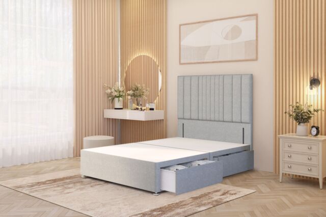 Somnior Alexas Divan 2 Draw Bed Base with Floor Standing Headboard Linen Fabric in Light Grey - Size: Double - image 1