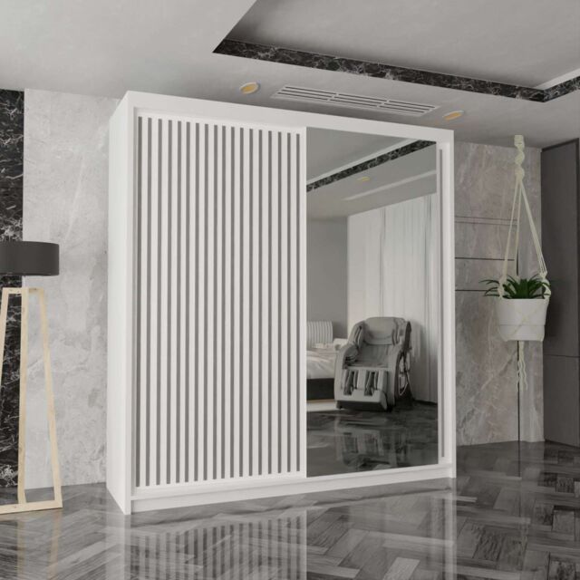 MN Furniture Reno 2 Sliding Door Wardrobe with Mirror & LED Light Black 203x217cm in White - Size: 203x217 cm - image 1