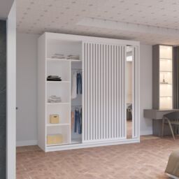 MN Furniture Reno 2 Sliding Door Wardrobe with Mirror & LED Light Black 203x217cm in White - Size: 203x217 cm - thumbnail 4