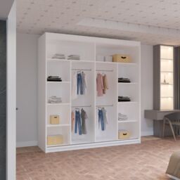 MN Furniture Reno 2 Sliding Door Wardrobe with Mirror & LED Light Black 203x217cm in White - Size: 203x217 cm - thumbnail 3