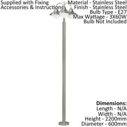 Loops IP44 Outdoor Bollard Light Stainless Steel 3 x 60W E27 Bulb Driveway Lamp Post in Metallics - thumbnail 2