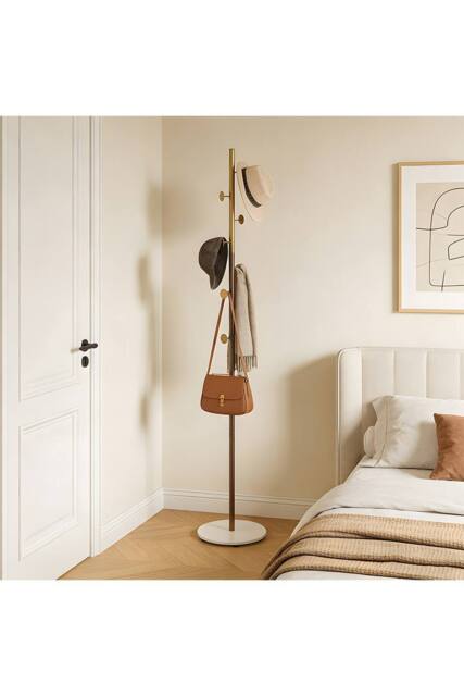 Living and Home 170cm Freestanding Coat Rack with 8 Hooks, Marble Base in Gold - image 1
