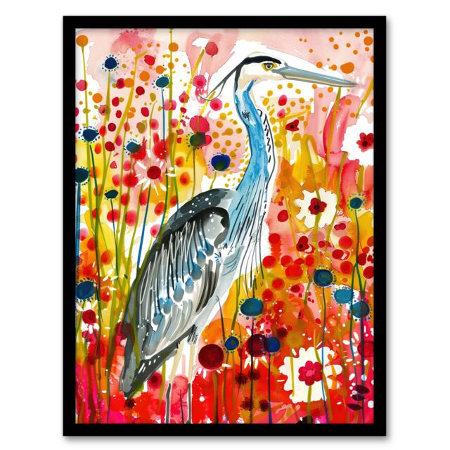 "Artery8 Heron Bird in Colourful Abstract Flower Field Framed Art Print in Red - Size: W12"" x H16""" - image 1