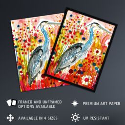 "Artery8 Heron Bird in Colourful Abstract Flower Field Framed Art Print in Red - Size: W12"" x H16""" - thumbnail 2