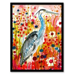 "Artery8 Heron Bird in Colourful Abstract Flower Field Framed Art Print in Red - Size: W12"" x H16""" - thumbnail 1