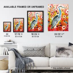 "Artery8 Heron Bird in Colourful Abstract Flower Field Framed Art Print in Red - Size: W12"" x H16""" - thumbnail 3