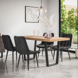 More4Homes Aria Dining Table & Chairs - Oak Effect Table Top w Black Legs + Nova Velvet Dining Chair Set Of 6 in Mustard