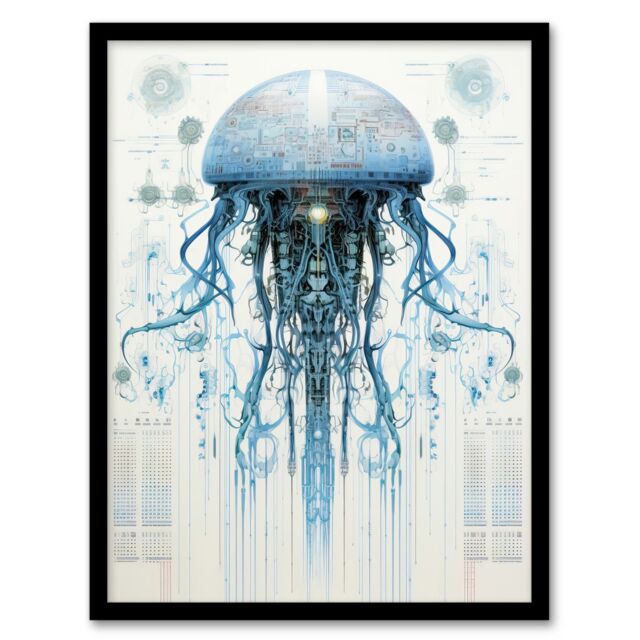 Artery8 Jellyfish Military Robot Hybrid Schematic Blueprint Futuristic Secret Complex Arcane Manuscript Gift For Him Man Cave Art Print Framed Poster - image 1
