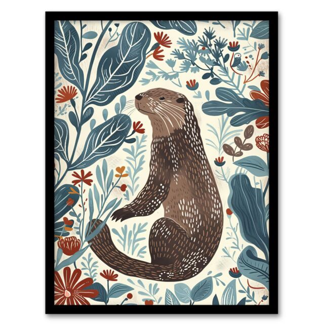 "Artery8 Cute Scandi Rustic Otter Botanical Flowers Framed Art Print in Blue - Size: W12"" x H16""" - image 1