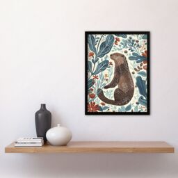 "Artery8 Cute Scandi Rustic Otter Botanical Flowers Framed Art Print in Blue - Size: W12"" x H16""" - thumbnail 4