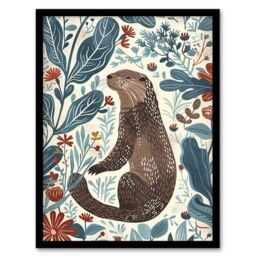 "Artery8 Cute Scandi Rustic Otter Botanical Flowers Framed Art Print in Blue - Size: W12"" x H16""" - thumbnail 1