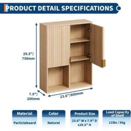 VOGREX Wood Bathroom Wall Cabinet Over Toilet Storage Adjustable Shelf in Natural - thumbnail 2
