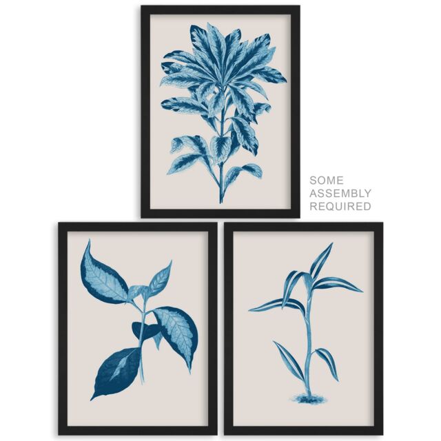Artery8 A4 Wall Art & Frame Set of 3 Modern Blue Beige Detailed Leafy Plant - image 1