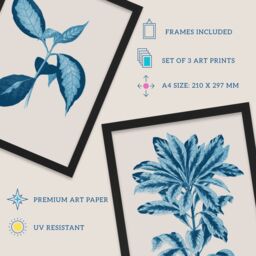 Artery8 A4 Wall Art & Frame Set of 3 Modern Blue Beige Detailed Leafy Plant - thumbnail 2