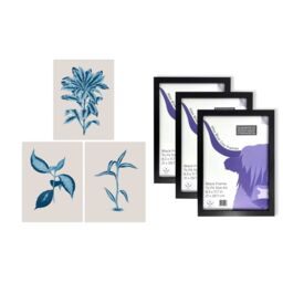 Artery8 A4 Wall Art & Frame Set of 3 Modern Blue Beige Detailed Leafy Plant - thumbnail 4