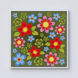 "Warren Reed - Designer Red & Blue Flowers Framed Canvas in Off-White - Size: W30"" x H30""" - thumbnail 1
