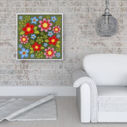 "Warren Reed - Designer Red & Blue Flowers Framed Canvas in Off-White - Size: W30"" x H30""" - thumbnail 2